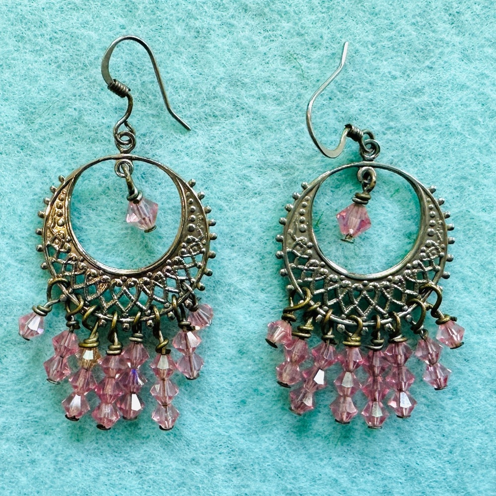 Silver Earrings with Pink Beads